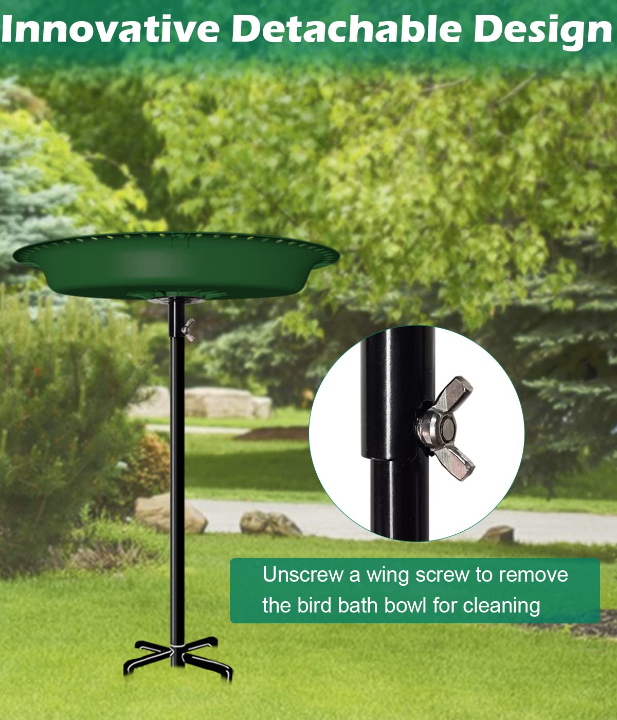 Bain d'oiseaux amovible de 73,6 cm de hauteur avec support en métal, bol ovale pour oiseaux et mangeoire à oiseaux avec base à 5 dents pour jardin extérieur, vert