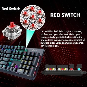 Lecoo GK301 USB Wired Red Switch Mechanical Gaming Keyboard - Macro Key Assignment, RGB LED Illumination, QWERTY Turkish Key Array, Gaming Turkish Q Keyboard Metallic Grey