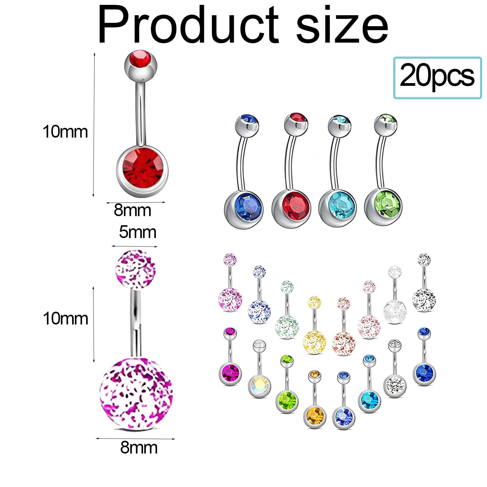 20 PCS Belly Button Bars, Belly Bar Button Piercing Color Diamond Flash Is Suitable for Both Men And Women Navel Piercing Jewelry for Pairing With Swimwear Summer Tops And Beachwear Accessorie — view 2