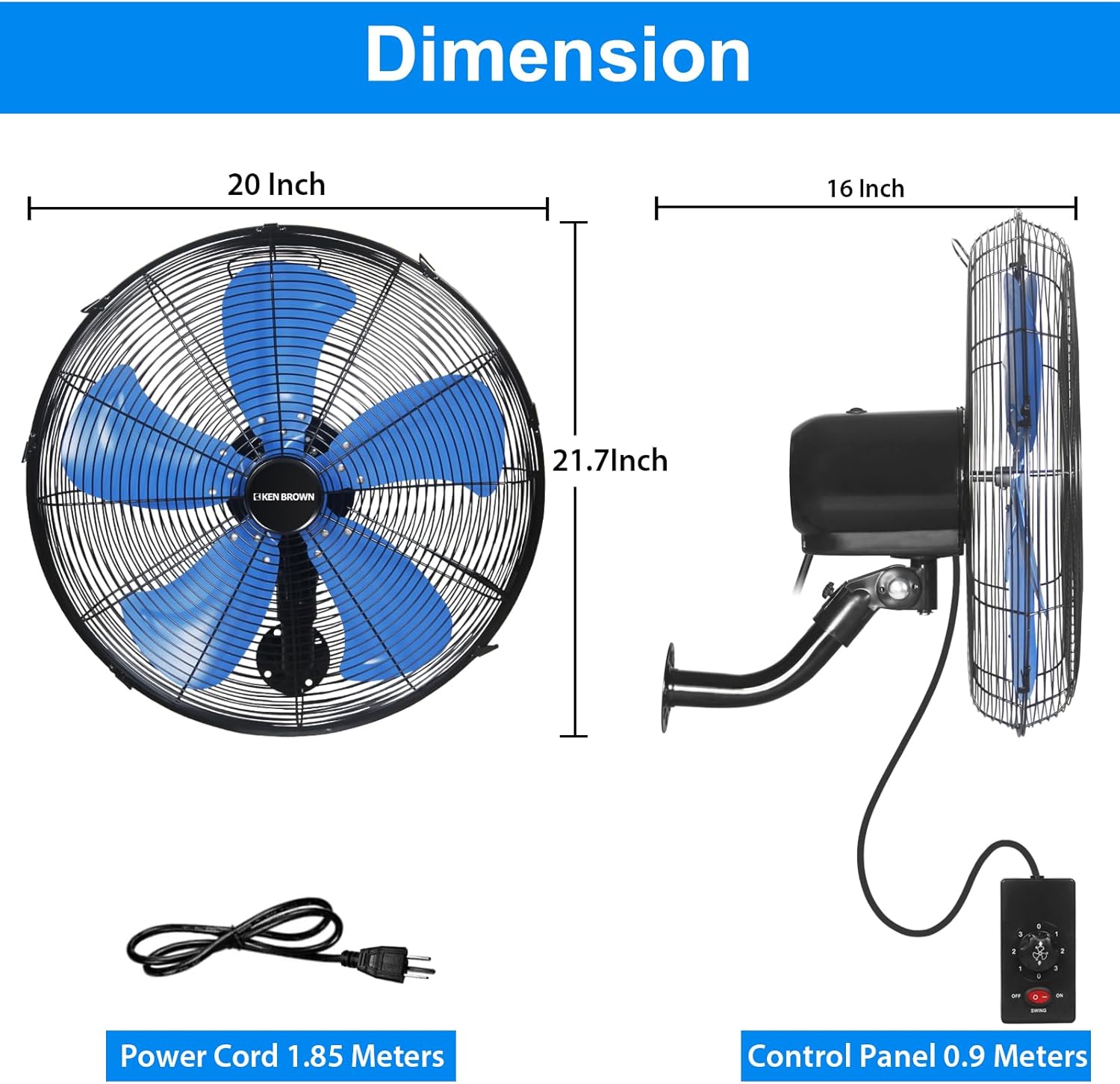 KEN BROWN 18 Inch Industrial Oscillating Wall Mount Fan 4200CFM, 3- Speed, 5 Blades, Heavy Duty Metal Wall Mounted Fan for Patio, Garage, Shop