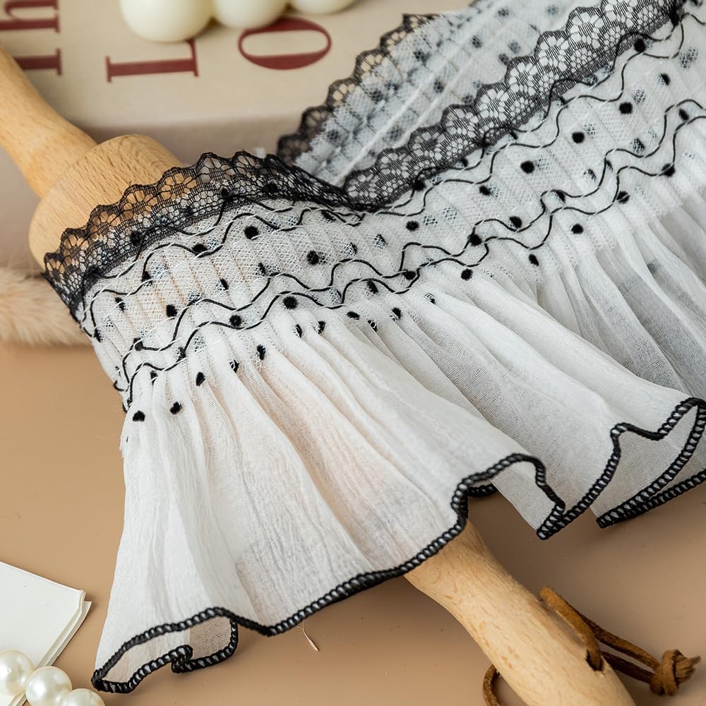 2Yards Black dot White Silk Thread Flower Ruffle Lace Trim 10cm Wide Gathered Ruffle Ribbon Pleated Lace Edge Trim for Sewing, Dress, Collar, WeddingDIY