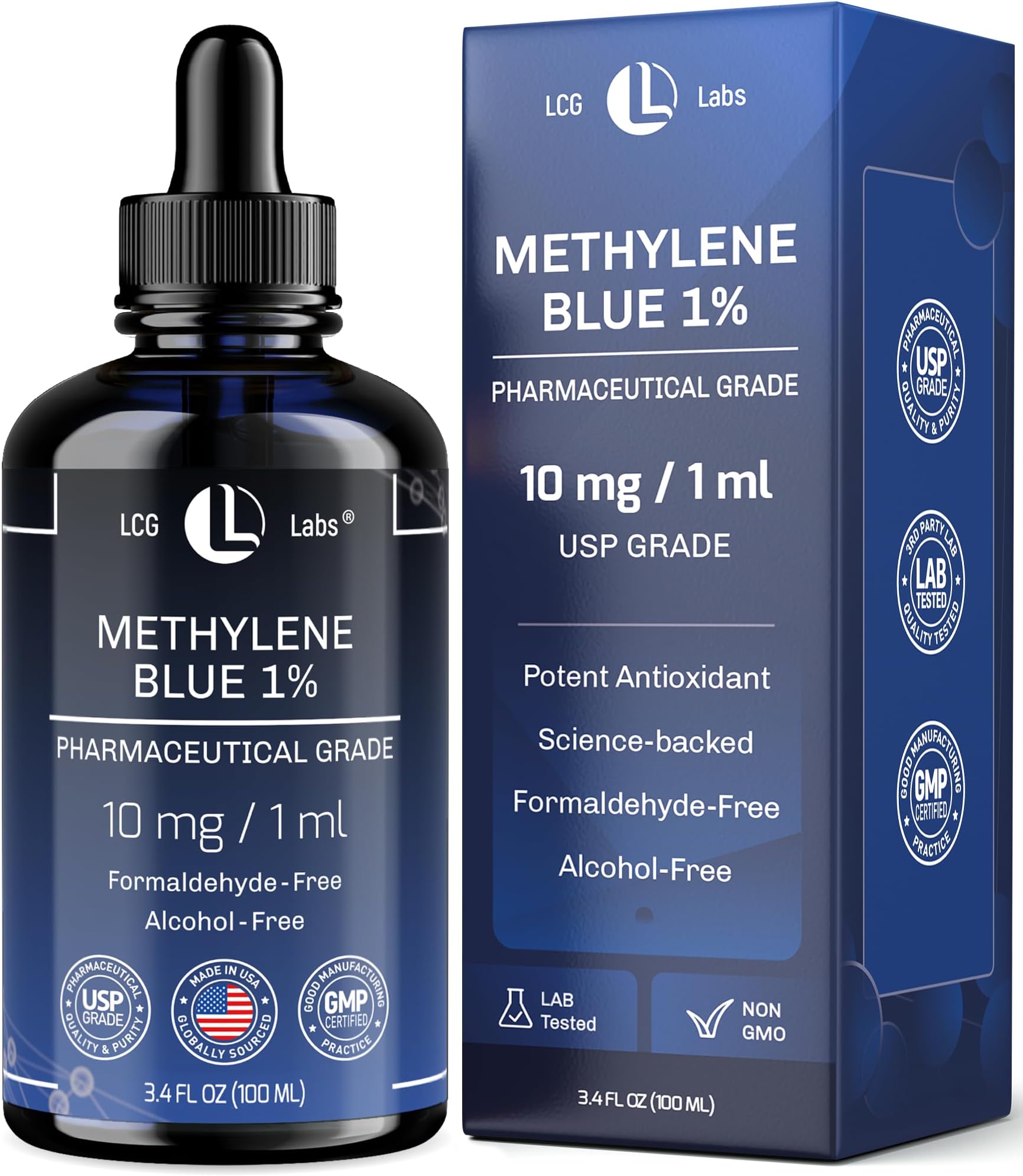 Methylene Blue Drops - Methylene Blue Pharmaceutical Grade 1% - Liquid Drops Aqueous Solution 10 mg / 1 ml - Third Party Tested - Formaldehyde & Alcohol-Free - Made in USA 1.7 Fl OZ