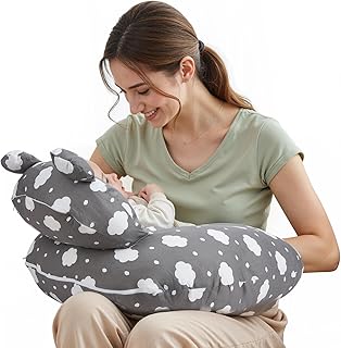 Ergonomic Nursing Pillow for Breastfeeding & Bottle Feeding – Soft Baby Support Pillow for Sleeping Newborns, Reflux Relief – Washable Cover, Breastfeeding Essentials for Moms (Grey-Cloud)
