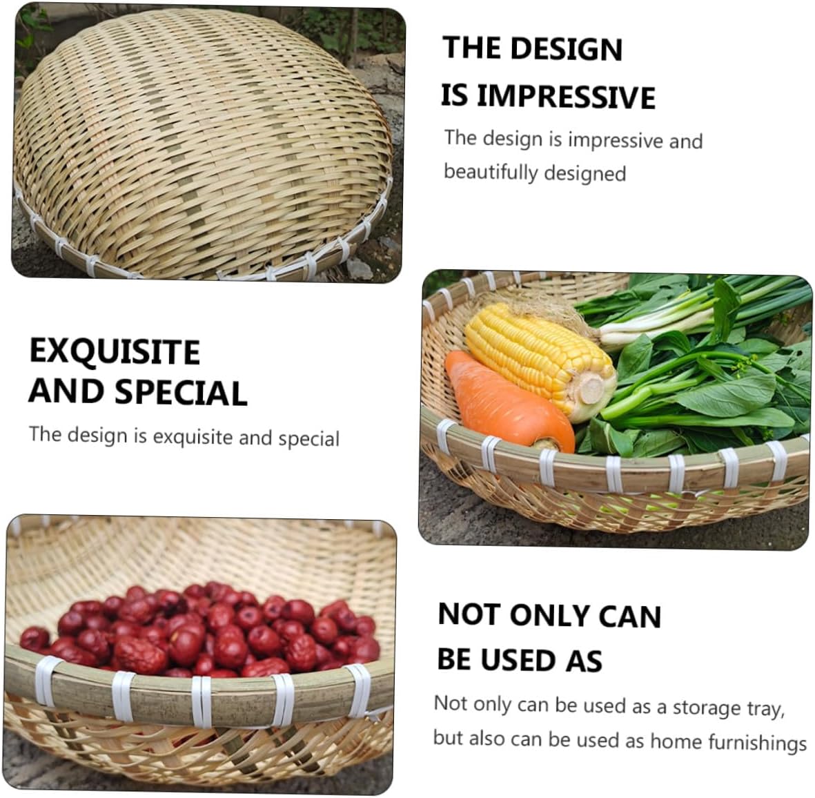 Bread Basket and Fruit Storage Container Set, Handwoven Kitchen Organizer with Drainage Design, Natural Material, 5pcs Basket Set for Food Serving and Drying