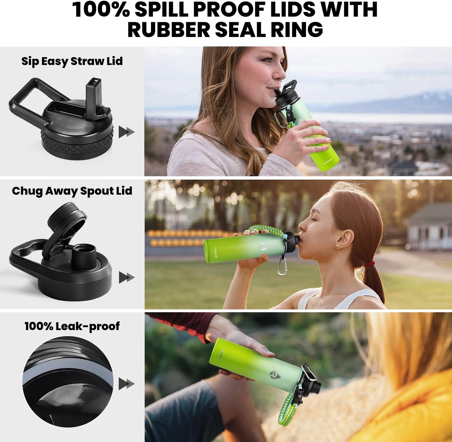 Insulated Water Bottle 24oz, Triple Wall Vacuum Stainless Steel (Cold for 48 Hrs, Hot for 24Hrs), Leak Proof & Non-BPA, 24oz Hydro Water Flask with Paracord Handle & Straw Spout Lids - Image 3