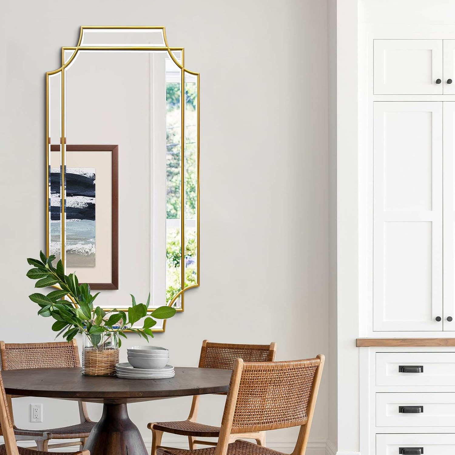 Gold Beveled Mirror, 24"x47.2" Large Geometric Art Deco Mirror with Wood Frame, Modern Rectangle Wall Mirrors for Living Room Bedroom Entryway Hallway, Horizontal or Vertical Hanging