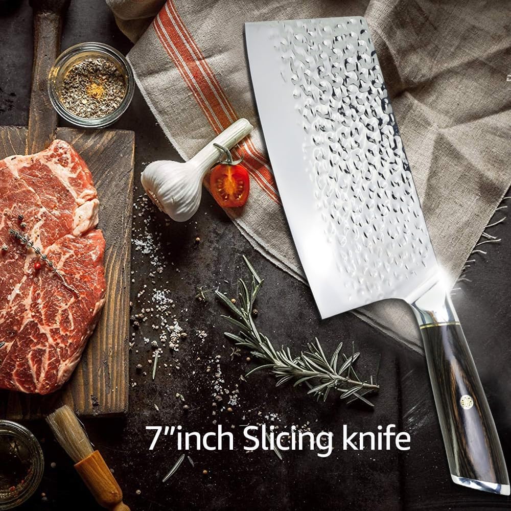 Meat Cleaver,Cleaver Knife 7 Inch Kitchen Knife Chinese Cleaver Knife 7CR17 440C Forged Stainless Steel Full Tang Chef Butcher Chopper Meat Santoku Tool