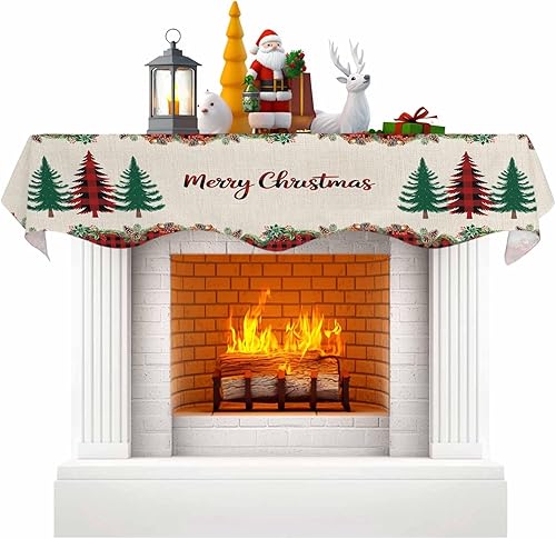 Bufanda para chimenea con árbol de Navidad, 90 x 17 pulgadas, guirnalda de Navidad a cuadros rojos, cubierta de mantel de lino vintage, protector