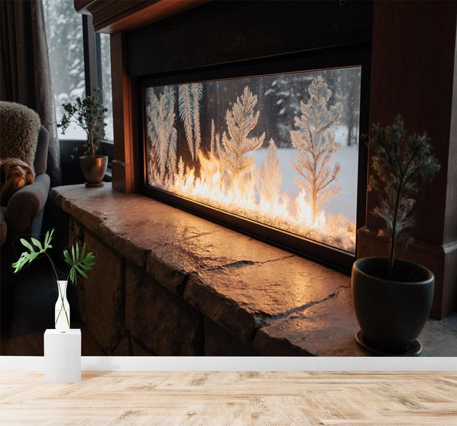 XLMING Cosy Fireplace Frosted Glass Pine Trees Winter Forest Landscape 3D Wallpaper Premium Textured Silk Study Dining Living Room Bedroom Sofa TV Wall Easy Install-430cm×300cm