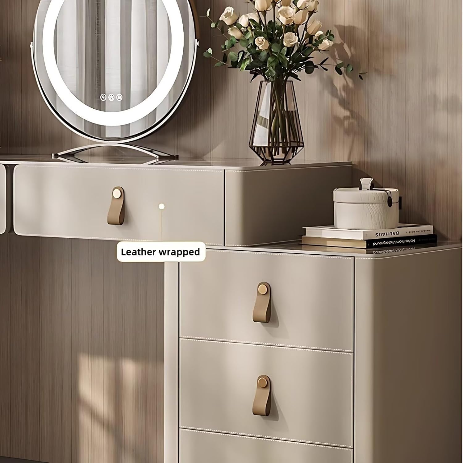 Vanity Desk - Makeup Desk with 5 Drawers and Smart LED Mirror, Leather, Solid Wood Vanity Table Include Rock Slab Desktop & Makeup Chair for Bedroom (Beige,Left Side Cabinet,47'')