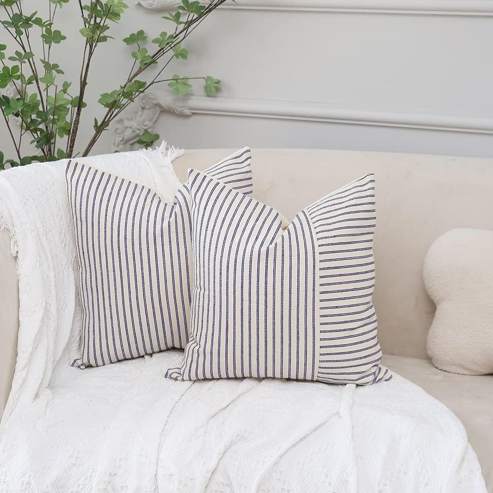 Hckot Navy Blue and Beige Patchwork Farmhouse Throw Pillow Covers 22 x 22 Inch, Pack of 2 Striped Linen Decorative Pillow Case for Sofa Couch Chair Bedroom Modern Decor (22" x 22", Navy Blue)