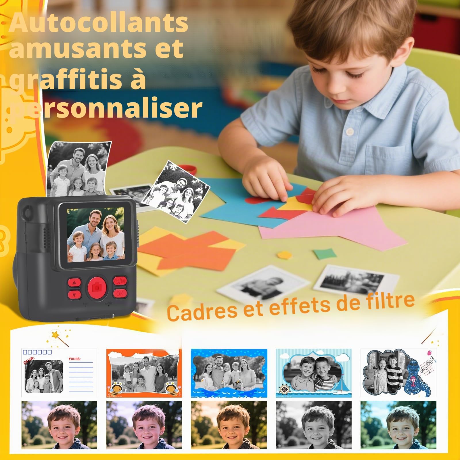 CHRERNA Appareil Photo Instantané Enfant, 1080P Appareil Photo Enfant & Caméra Vidéo avec Carte de 32GB & Papier d'impression, Cadeau pour Garçons & Filles de 3 à 12 Ans(Noir