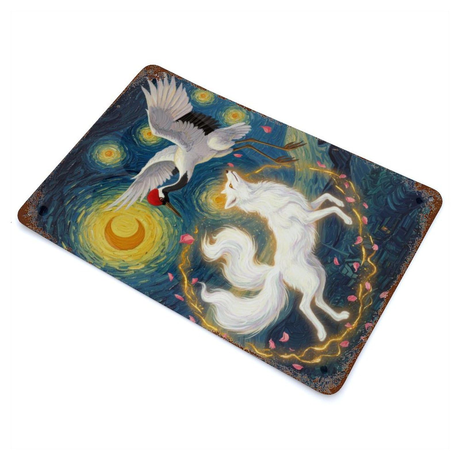 Retro Metal Sign with Crane, Fox, And Starry Night Design 11.8"x7.9", for Living Room, Hallway And Home Decor, Farmhouse Wall Decor