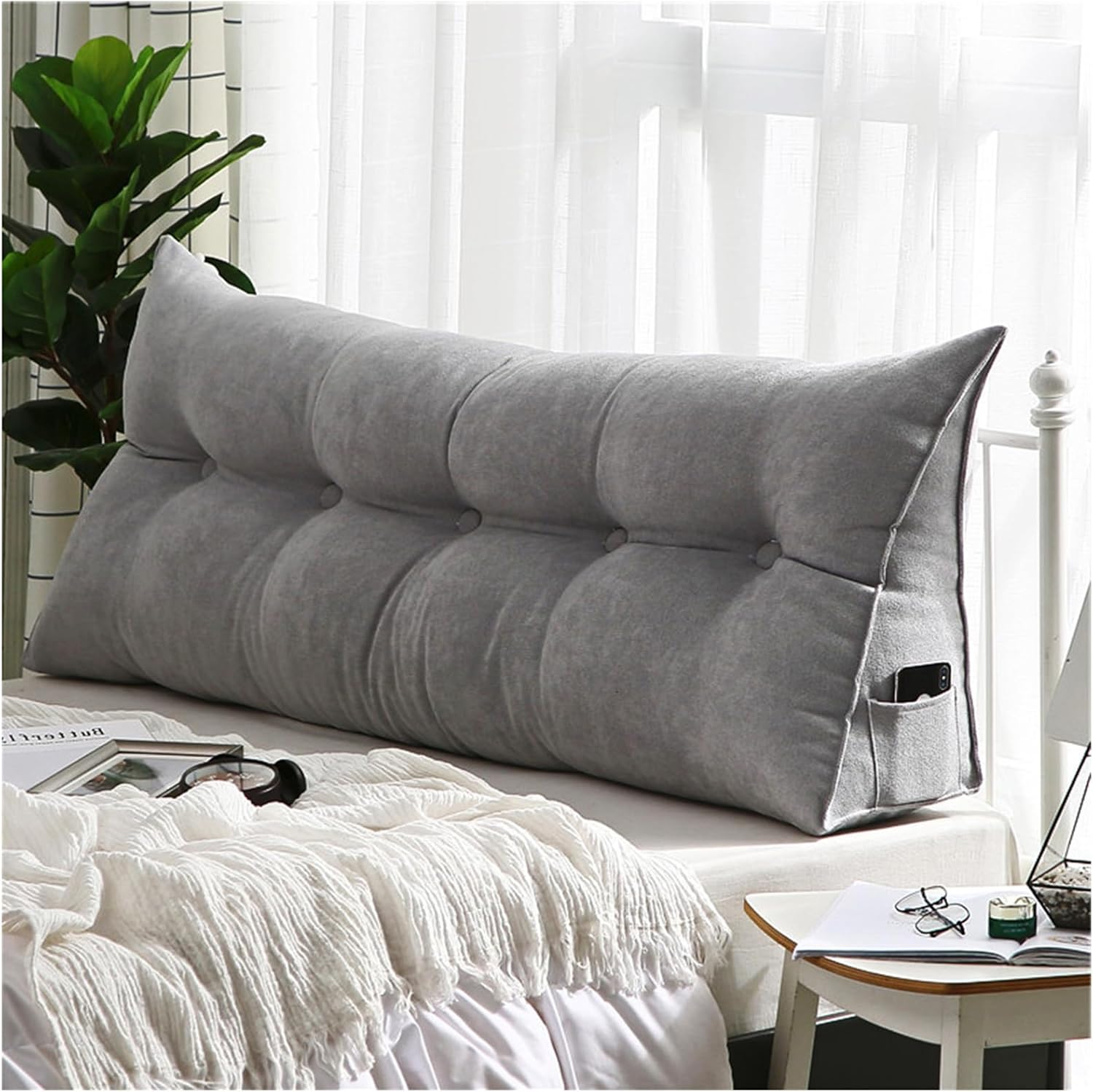 Headboard Pillow Queen, Triangular Headboard Pillow, Solid Color Triangle Cushion Reading Bed Rest Pillow, Large Bolster Wedge Support Removable Pillow for Dorm Daybed Bed,Gray,60cm