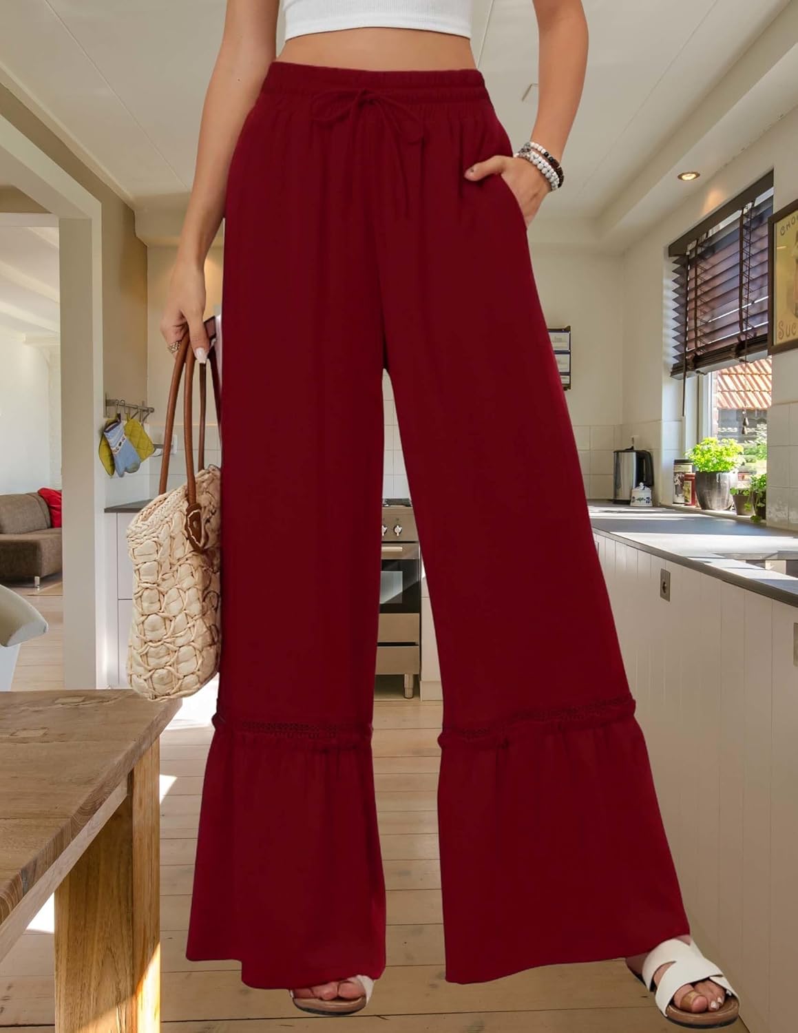 LIZALIG Womens Elastic High Waist Wide Leg Ruffle Loose Beach Palazzo Pants - Image 4