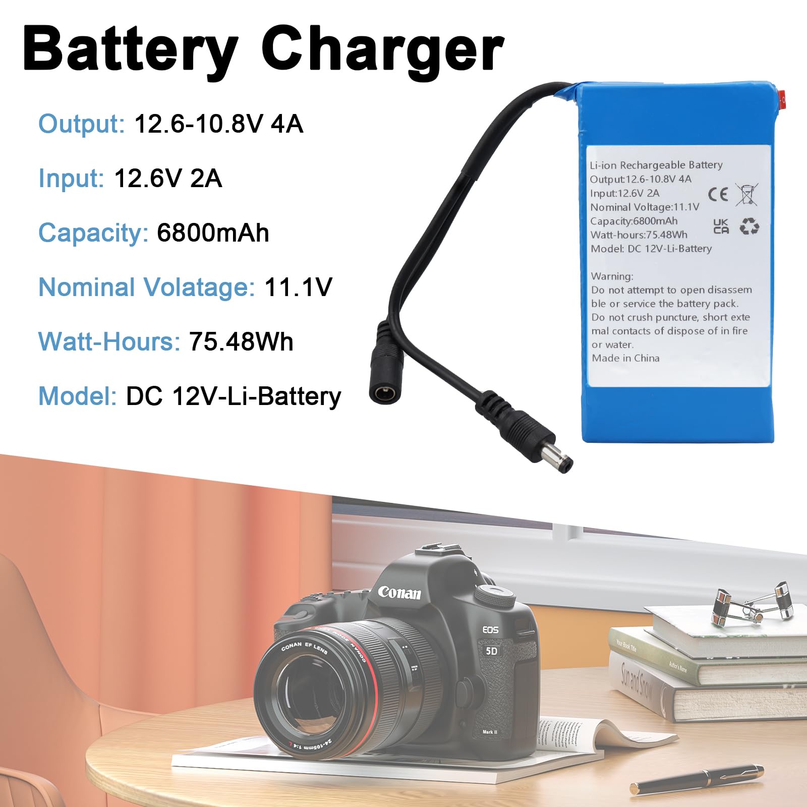 DC 12V 6800mAh Batería Recargable de Iones de Litio para la Mayoría de los Dispositivos de 12V, Cámaras Inalámbricas, Videocámaras, Reproductores MP3, Cámara CCTV, Enrutador, DVD, etc