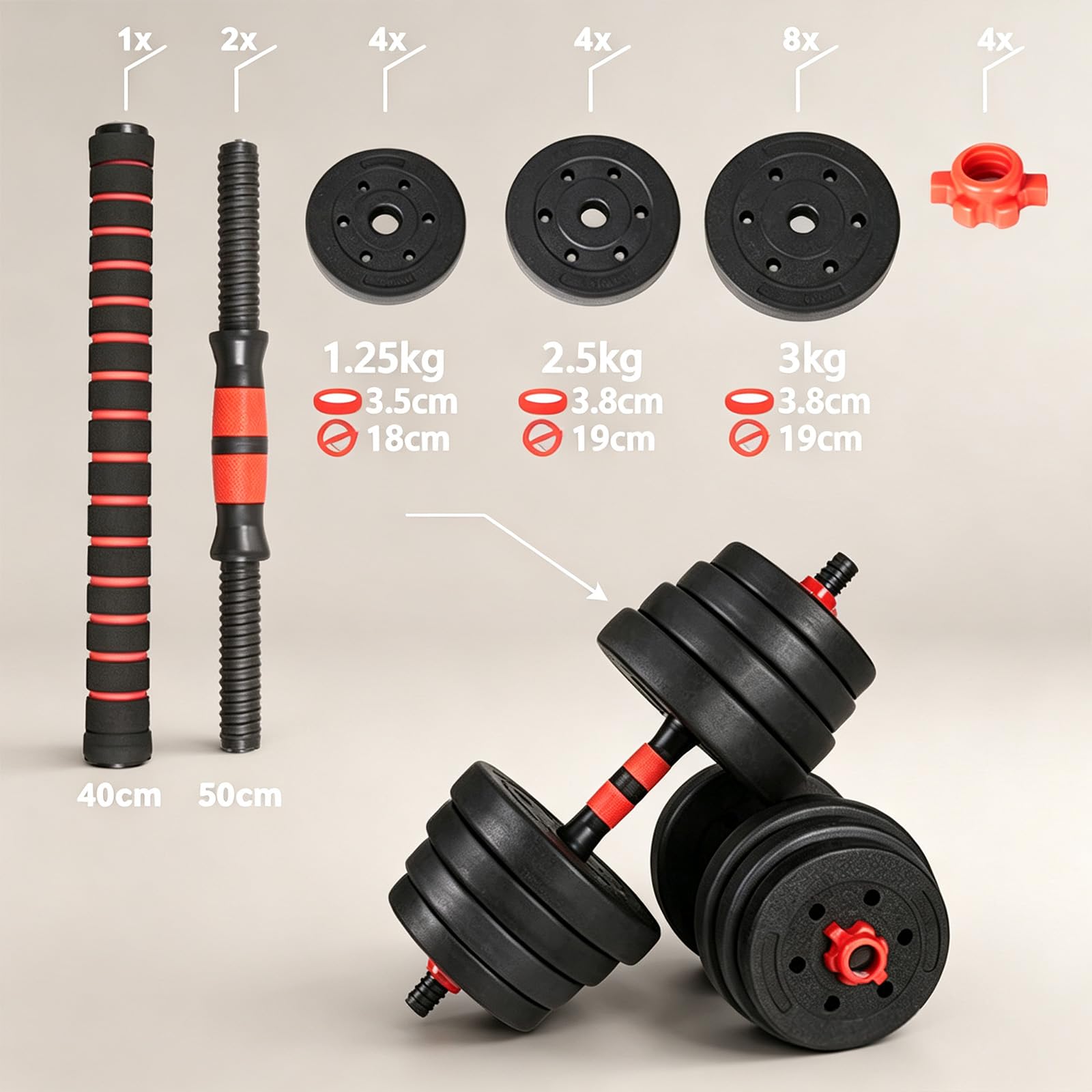 20-40KG Mancuernas Ajustables, con Agarre Antideslizante Pesas y Mancuernas Kit, con Barra Pesas Mancuernas, Pesas