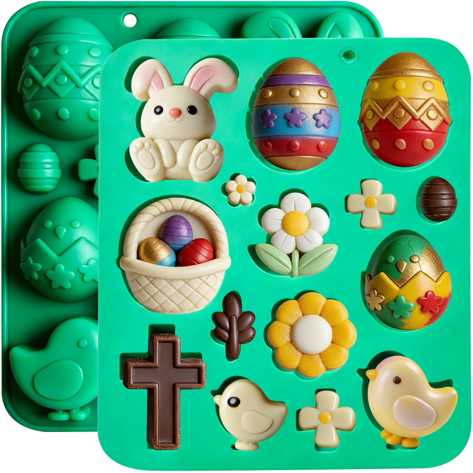 Easter Bunny Egg Silicone Molds, 2 Pack Green Egg Cake Pan Rabbit Cake Mold Silicone Cute Egg Mold Jumbo Bunny Breakable Chocolate Mold for Baking Easter Party Cake Dessert