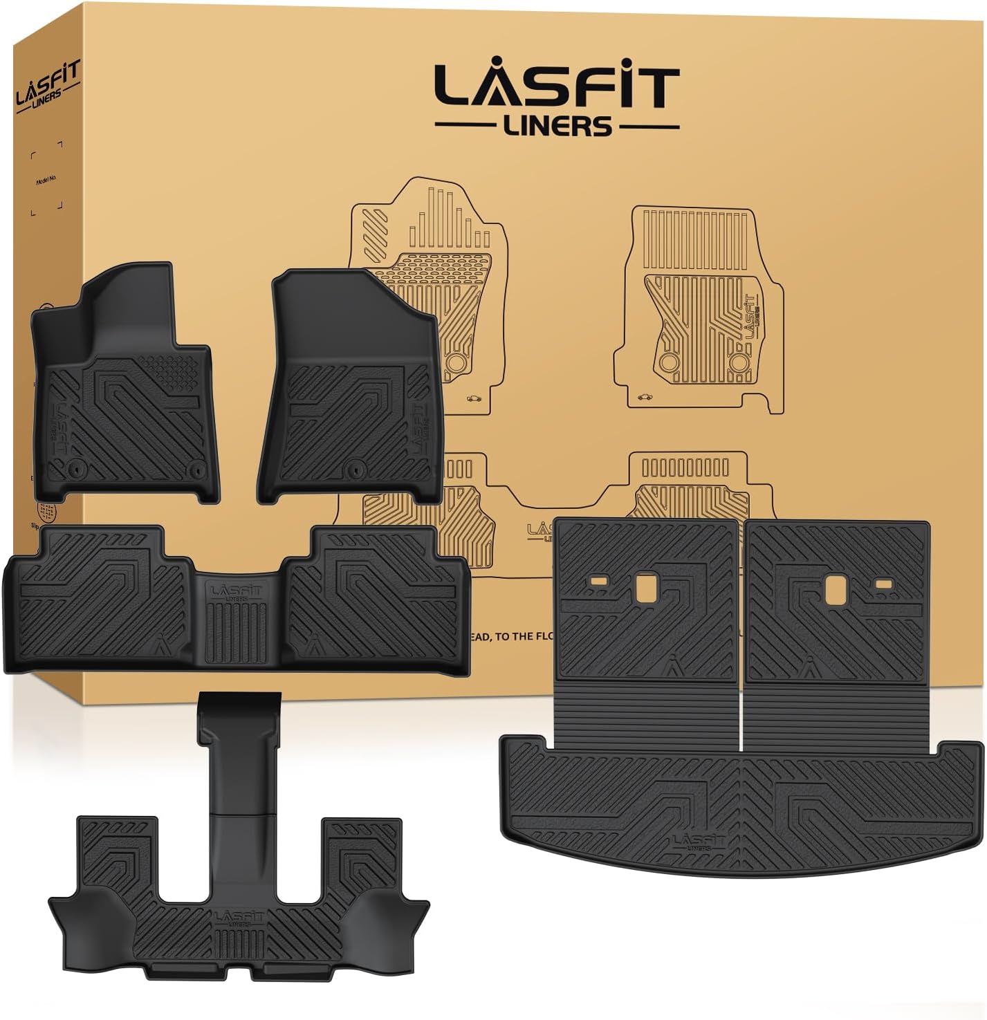 Lasfit Floor Mats & Backrest Mats & Cargo Mat for Hyundai Santa Fe 2026 2025 2024 (Fit Gas & Hybrid), All Weather TPE Custom Fit Floor Liners for Santa Fe Full Set Car Mats Accessoires, Black 2)For Hyundai Santa Fe | 2024-2026