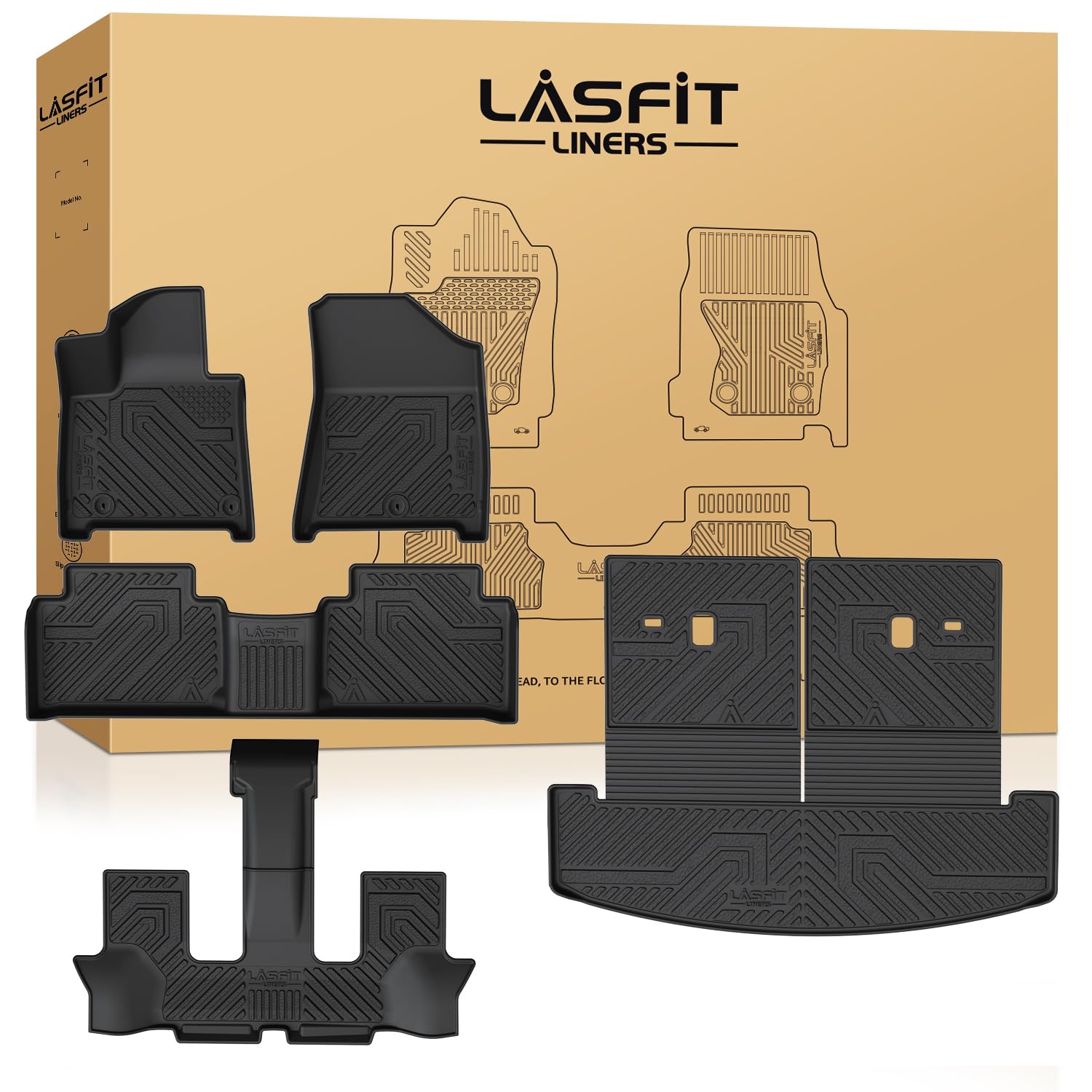 Lasfit Floor Mats & Backrest Mats & Cargo Mat for Hyundai Santa Fe 2026 2025 2024 (Fit Gas & Hybrid), All Weather TPE Custom Fit Floor Liners for Santa Fe Full Set Car Mats Accessoires, Black