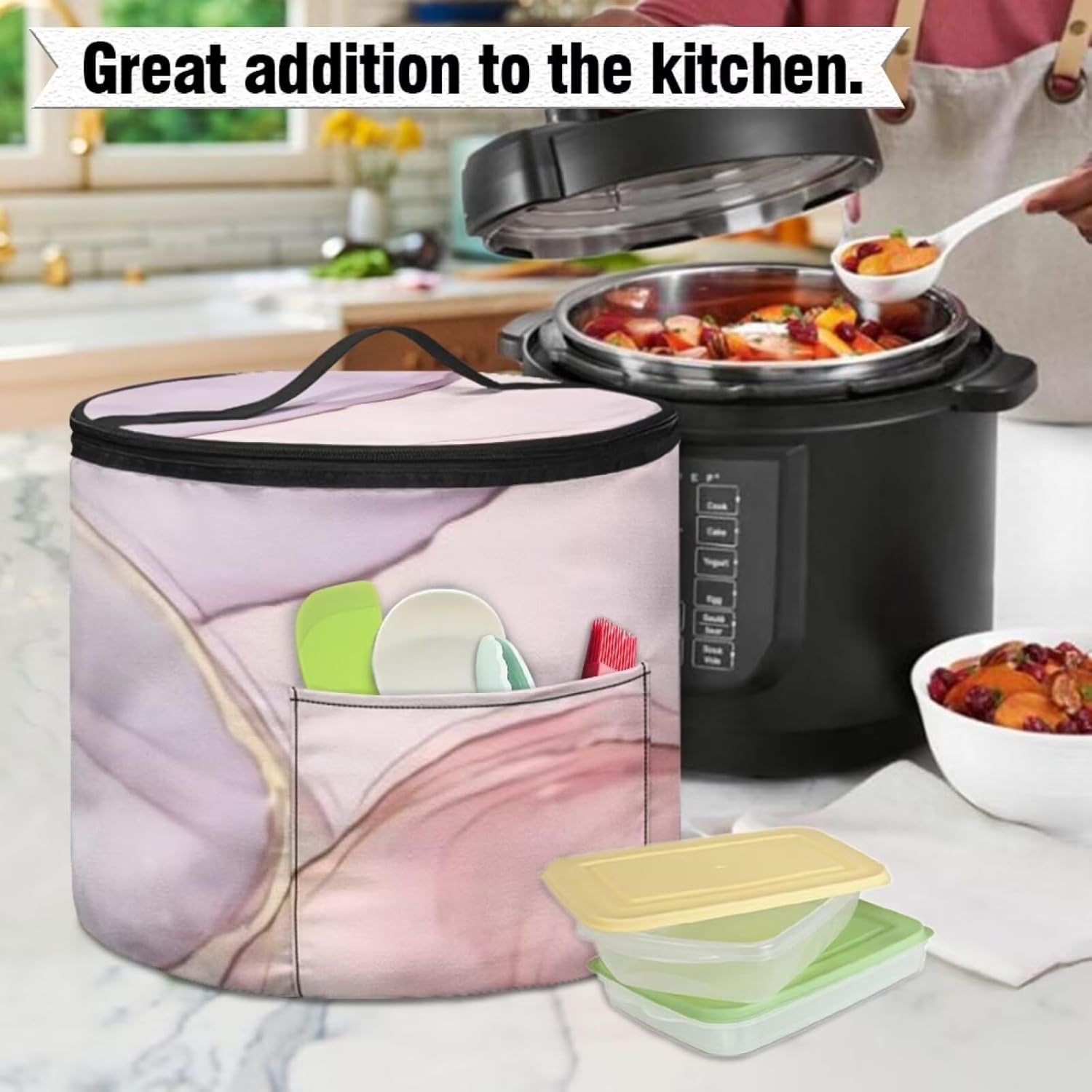 Pink Marble Texture Pressure Cooker Travel Tote Bag, Top Handle and Pocket for 6 Quart Cooker Accessories, Insulated Travel Carrier with Easy to Clean Lining Air Fryer Cover Dust Cover