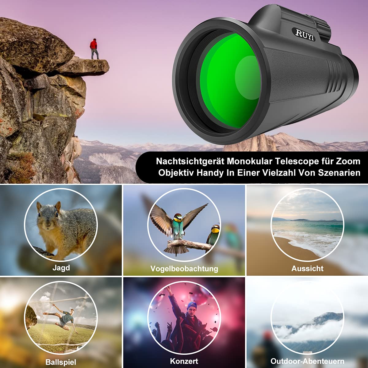 CUSROS Mini Telescopio Monoculare Tascabile Da 2,5 X 17,5 Mm, Per Adulti, Bambini, Principianti, Telescopi Per Astronomia, Obiettivo HD Con Anello Per Nocche, Cachi, Taglia Unica - Foto 5