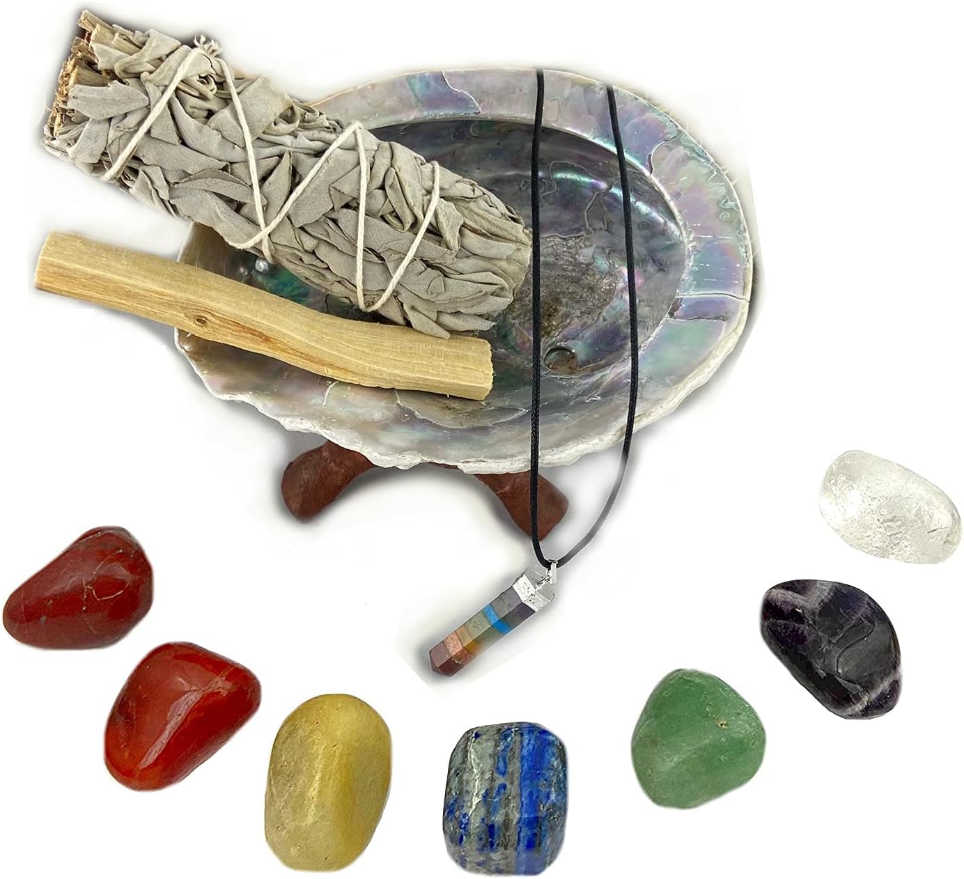 Chakra Stone Set with 7 Crystals, Sage, Abalone Shell, Wood Stand, & Palo Santo Smudge Stick for Spiritual Healing Crystal, Smudging Kit
