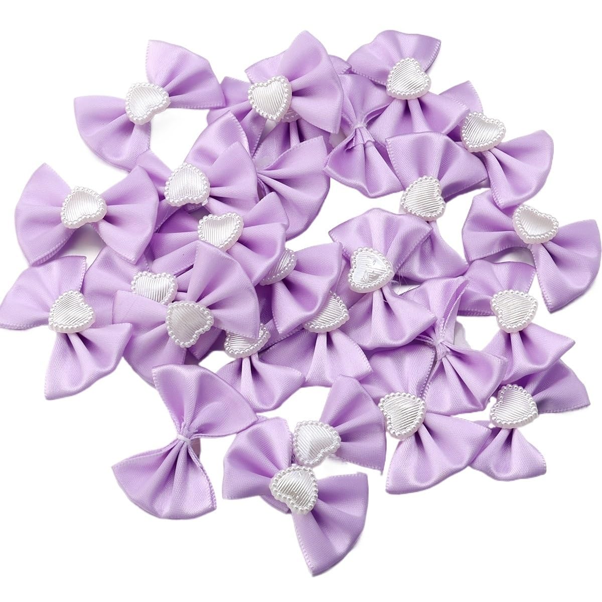 LATEAU Ribbon Bows 20pcs/lot Polyester Satin Ribbon Bows With Heart Pearl Bowknots For DIY Clothing Decoration Accessories(Purple)
