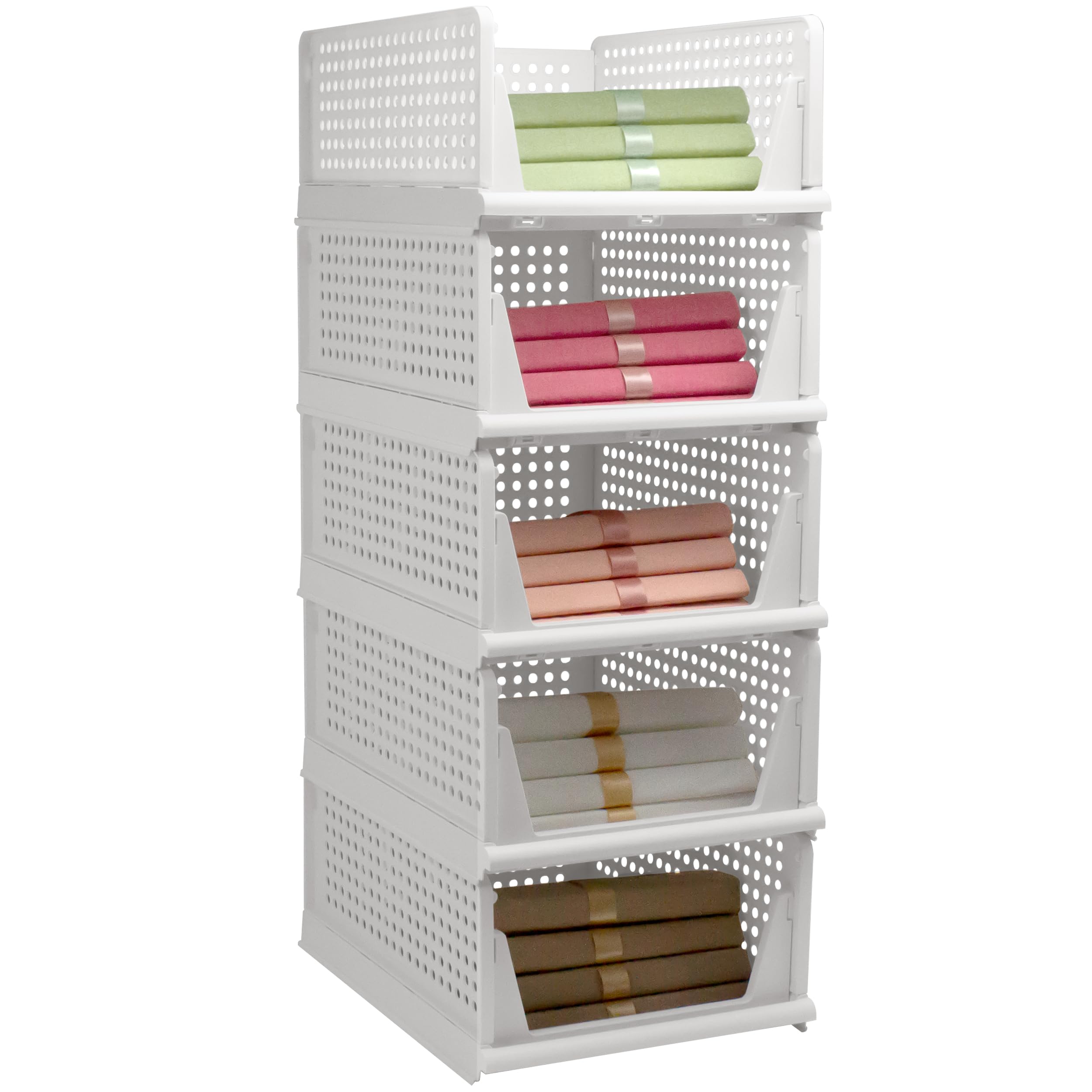 5 Pack Stackable Foldable Storage Baskets - Folding Storage Bins, Multifunctional Closet Organizers for Wardrobe, Cupboard - Space-Saving Clothes Storage Hat Organizer (White, 5L)