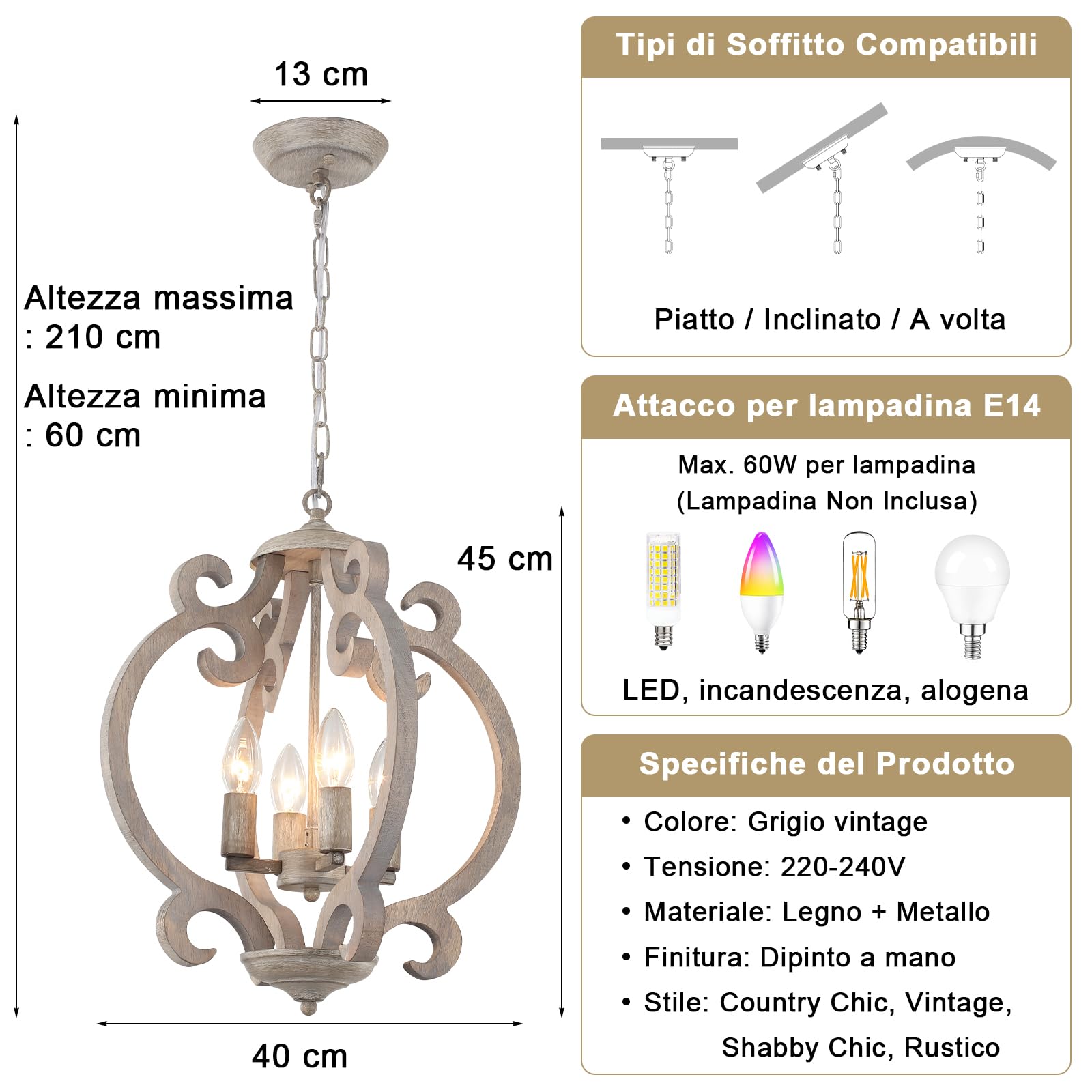 Lampadario vintage a 4 luci, stile rustico, lampada a sospensione da tavolo da pranzo, in legno rustico, casa colonica, lampada da soffitto francese da appendere per soggiorno, camera da letto