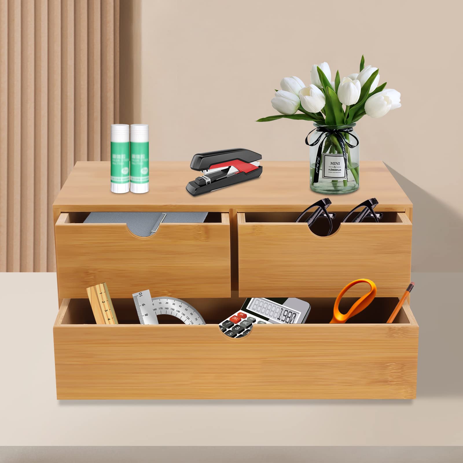 Organizzatore da scrivania in bambù per ufficio, cassetti, casa, tablet, scrivania, scrivania, sistema di organizzazione, porta oggetti scrivania (3 cassetti, due superiori, uno inferiore)