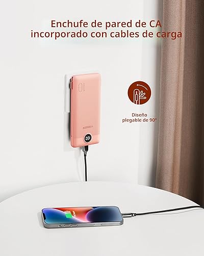 Miniatura 3 de VEGER Cargador portátil para iPhone, cables integrados y enchufe de pared, cargador USB C delgado de carga rápida de 10000 mAh, batería esencial de