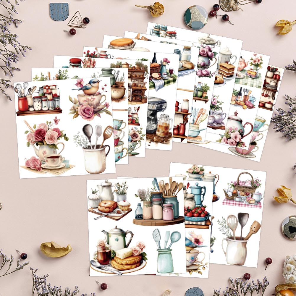 AHANDMAKER 12 Sheets Kitchen Rub on Transfer Stickers, Tableware Dessert Rub on Transfers for Crafts Furniture Sticker Decals for Window Paper Wood Dinner Room Home Office Decor, 5.5x5.5 Inches