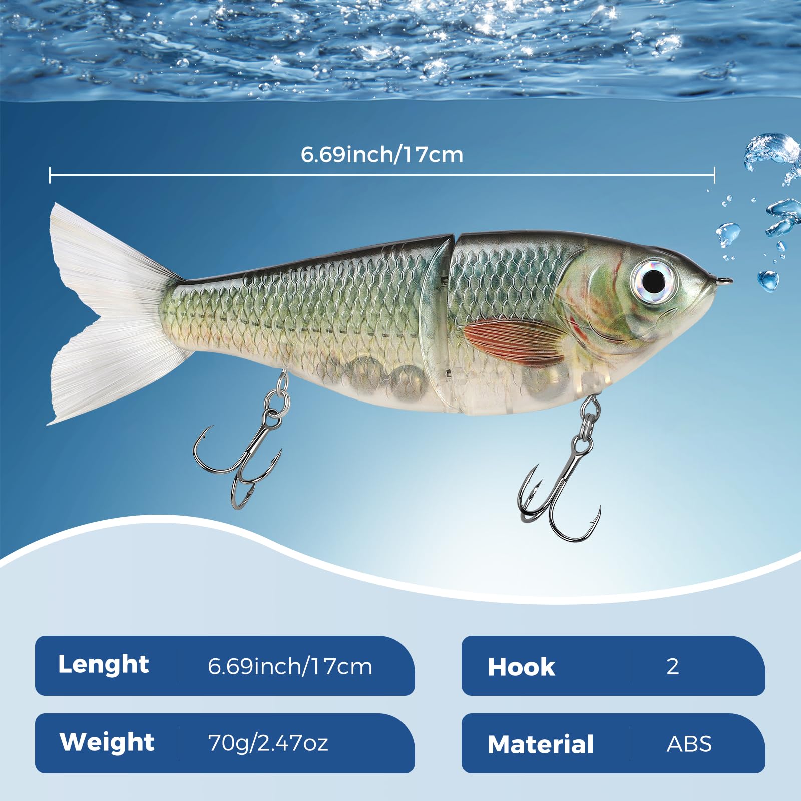 Ultimate Lure Durable 2-Section Fishing White Swimbait Big Belly Glide Bait with Fur Tail Saltwater Freshwater Artificial Hard Baits 6.69in/2.47oz (Green)