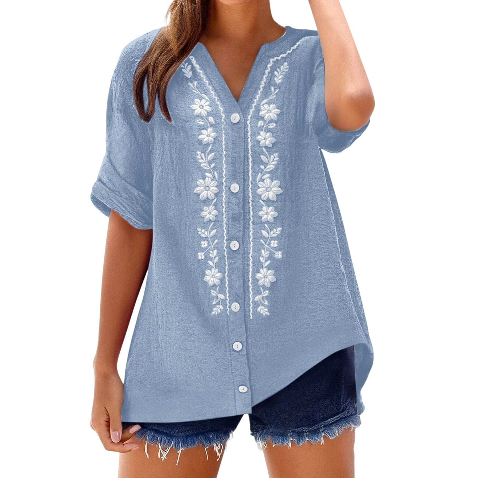 Cotton Linen Shirts for Women Boho Floral Print Short Sleeve V Neck Tops 2026 Summer Dressy Casual Loose Fit Blouses