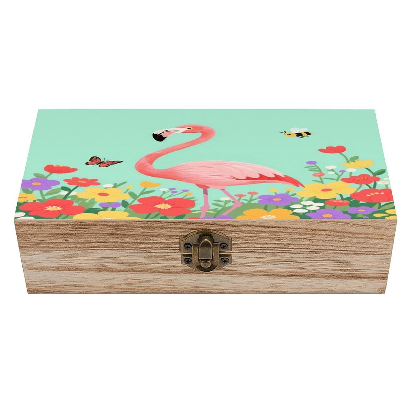 VstaDank Flamingo Wooden Storage Box Vintage Style Wooden Storage Case with A Hinged Lid Memory Treasure Boxes Decorative Jewelny Photos for Organizer 7.9 * 3.7 * 2.3 Inch