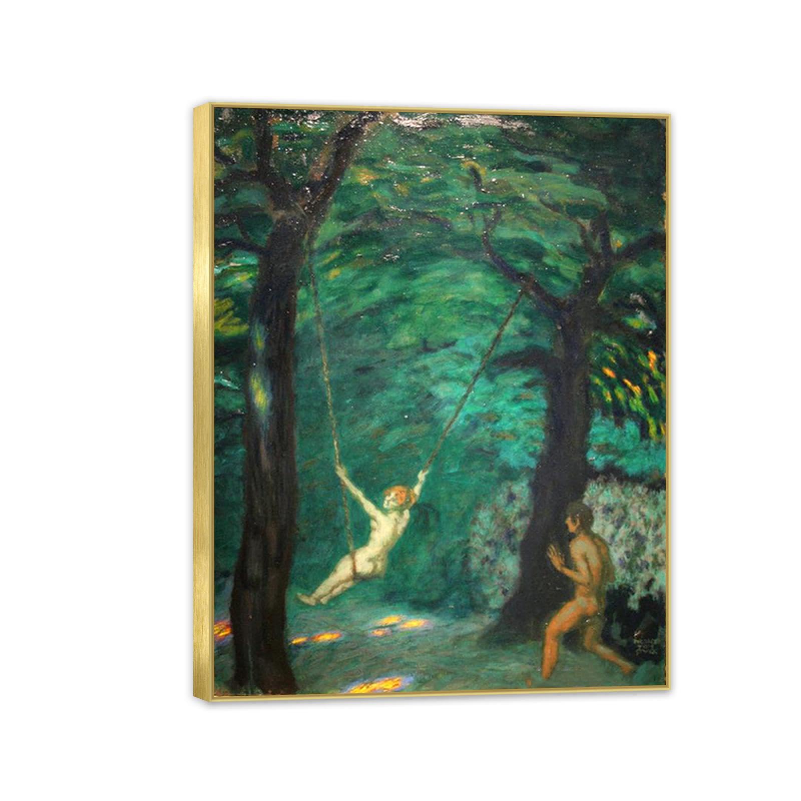 Hau3sh3a Franz von Stuck Wall Art Print The Swing Famous Giclees Franz Stuck Picture Artwork Wall Decor for Living Room Bathroom Office 90x70cm(36x28in) Gold frame