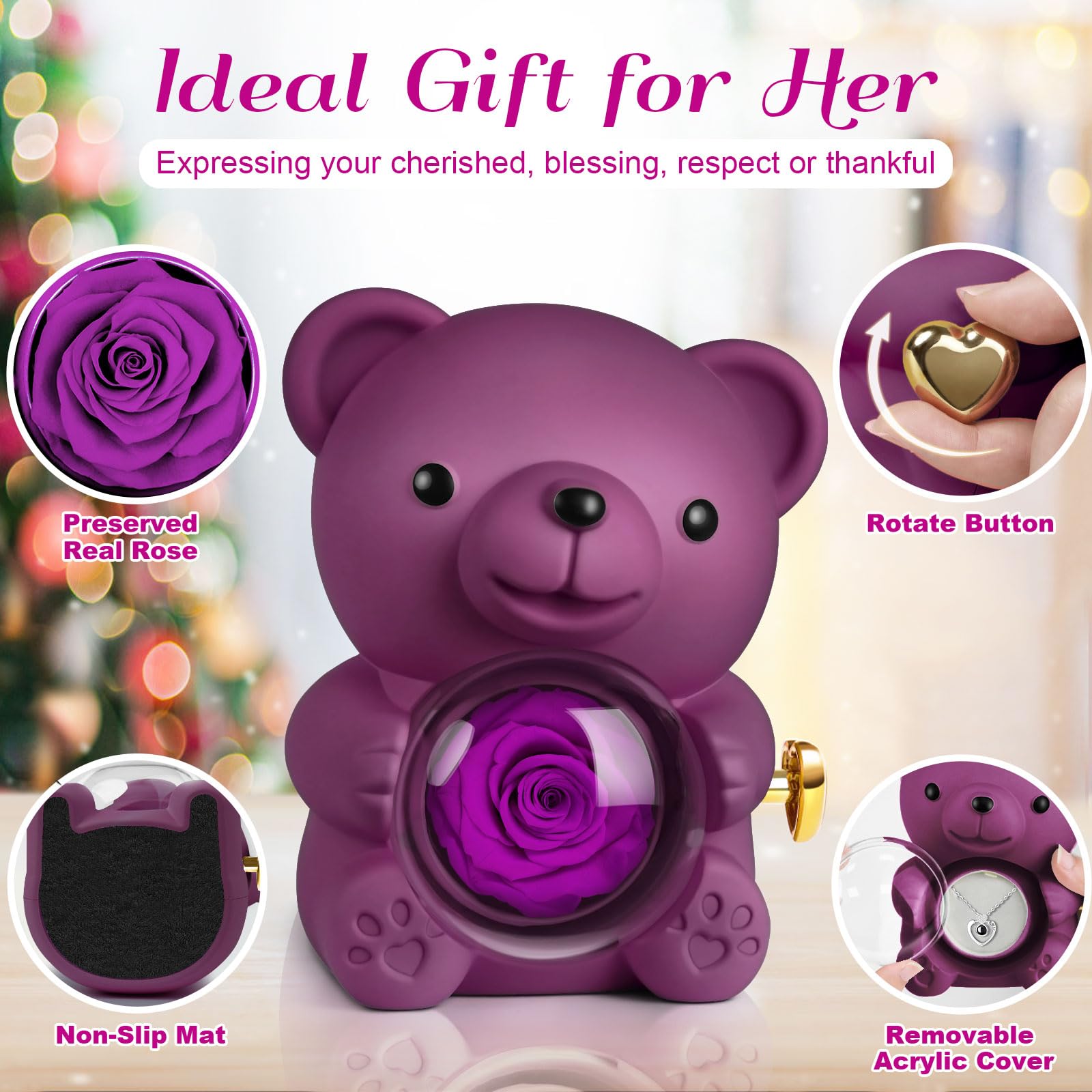 Hnustbo Rosa Eterna Stabilizzata con Collana I Love You, Rose Orso Originale Regalo per Donna Fidanzata Mamma Madre Nonna Moglie per San Valentino,Festa della Mamma,Compleanno,Natale