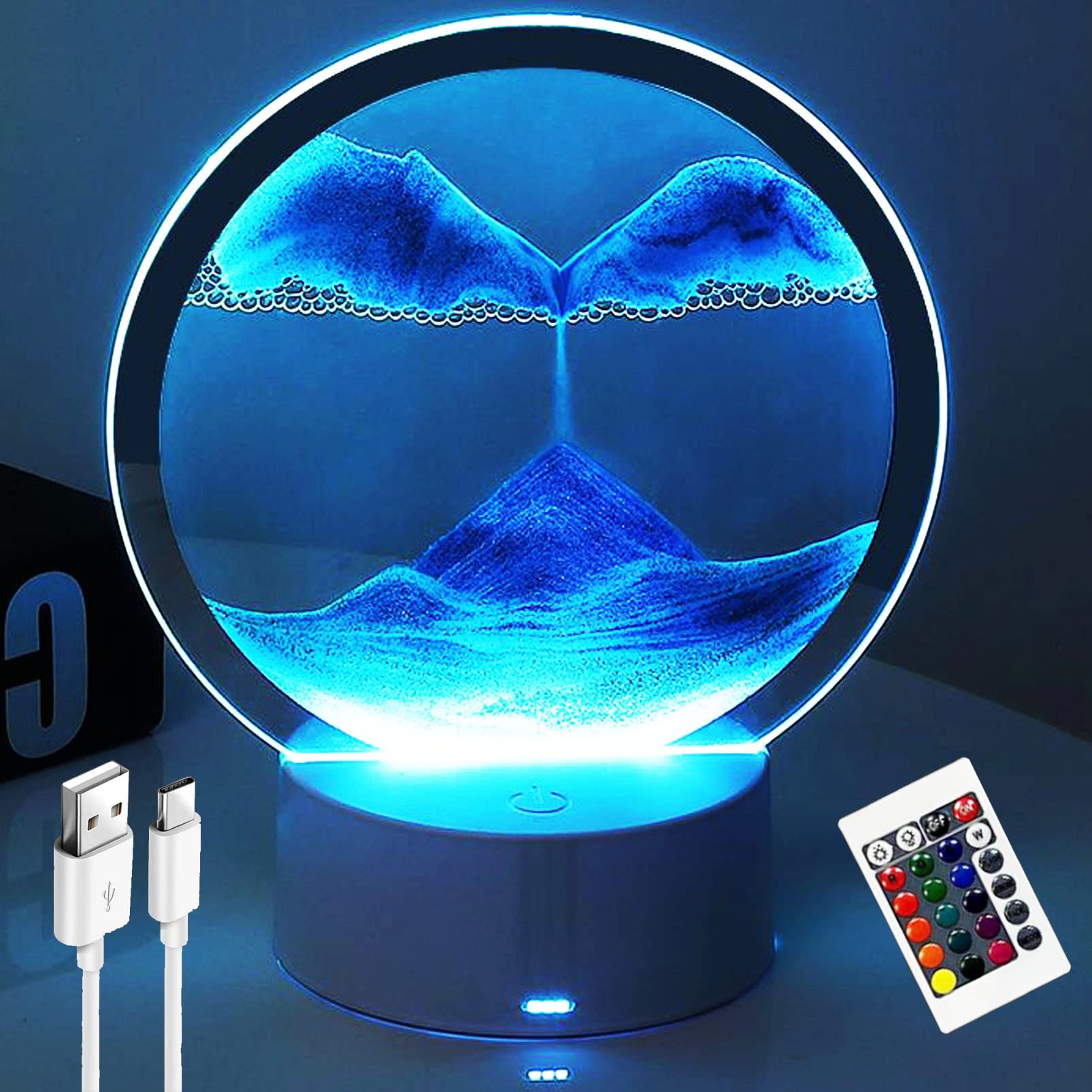 3D Moving Sand Art with Remote Control, 360° Rotating Hourglass Lights, RGB Color Changing Table Lamp,Sand Art Liquid Motion Colorful Creative Sea Glass Quicksand Painting Night Light(Blue)