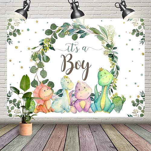 Fondo de 7 x 5 pies con texto en inglés "It's a Boy" para baby shower, dinosaurio, cactus y hojas de eucalipto, fondo para fotografía, suministros