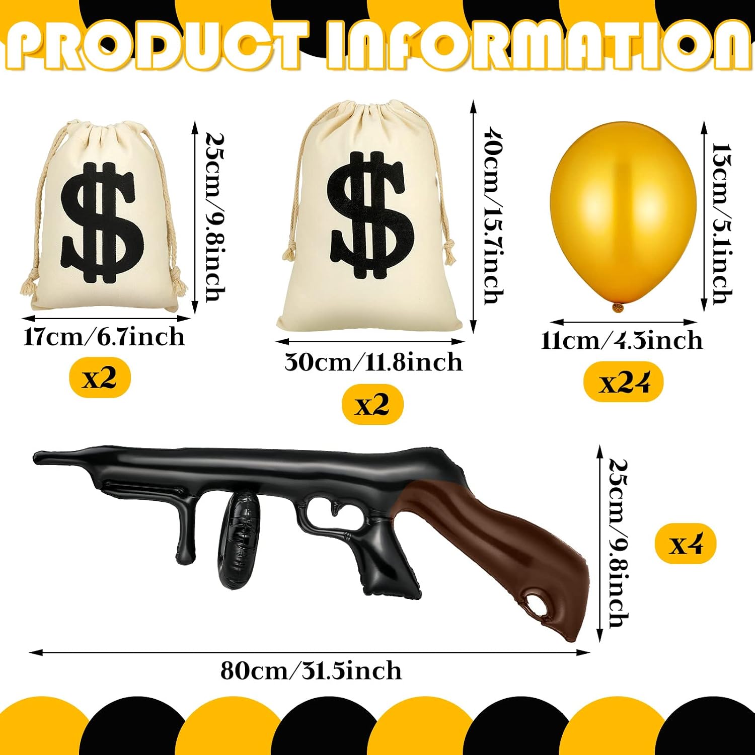 Shappy 32 Pcs Inflatable Gun Props Canvas Money Bag Pouch Set Black and Gold Balloons 1920s Party Decorations with Drawstring Closure Guns Favors 20s Cosplay Theme Birthday Accessories