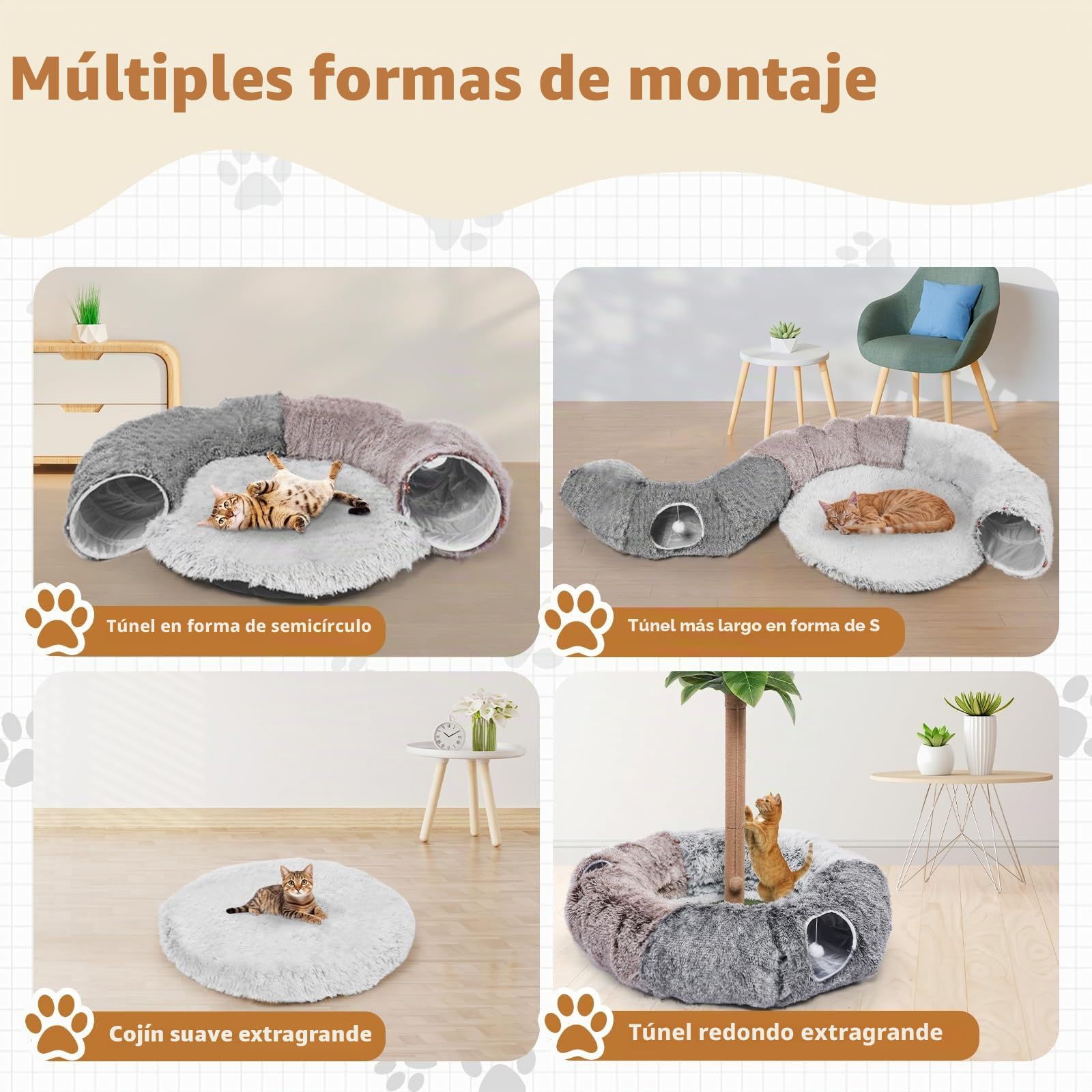 Túneles grandes para gatos de interior, cama cálida y esponjosa para gatos y túneles de cueva desmontables con 20 juguetes para mascotas, túnel de dona y variedad de juguetes para gatitos para jugar