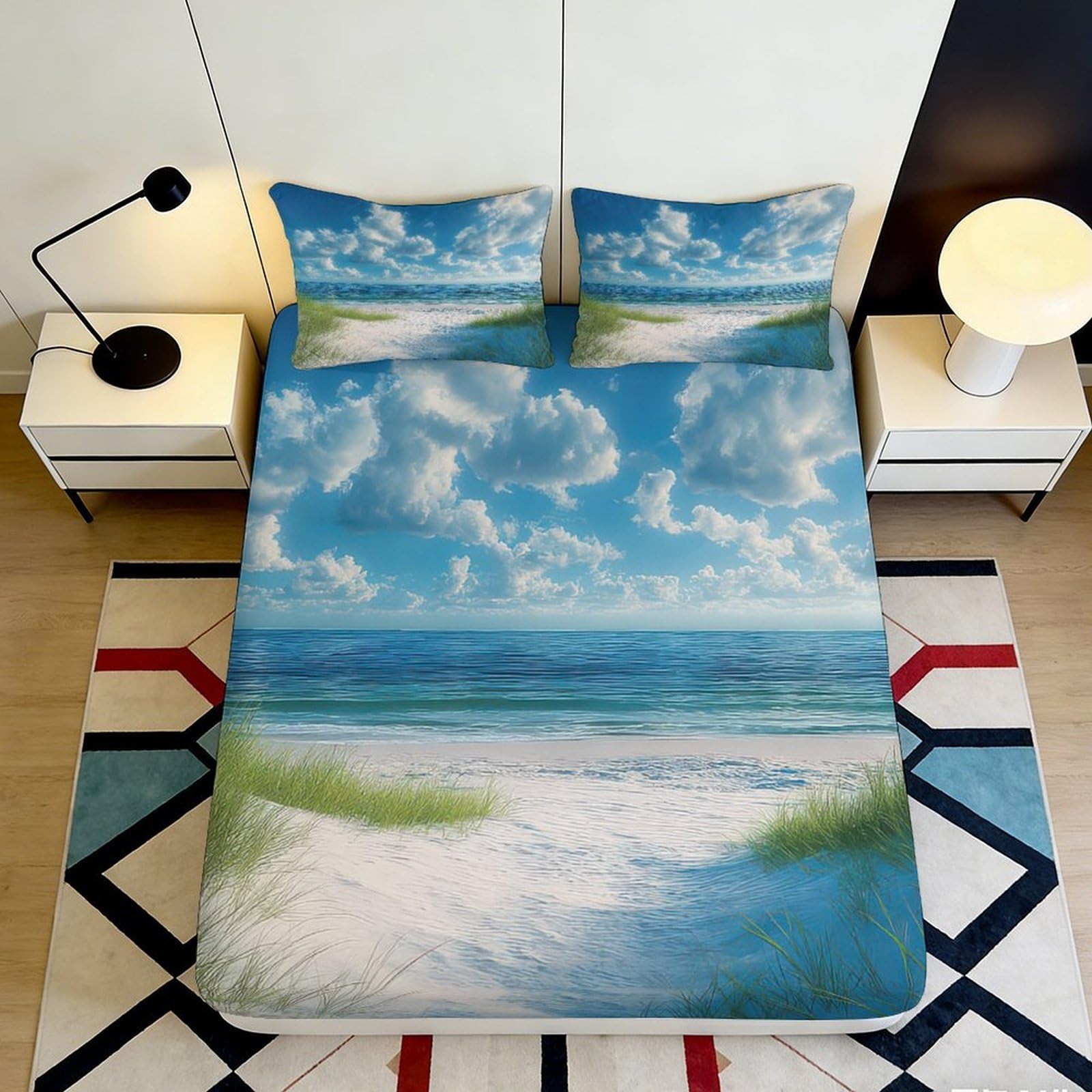Pnayamiorkfel Style-1 3D Printed Ocean Beach Fitted Sheet Microfiber Soft Sand Sky Bed Cover Bedroom Guest Room Decor 90X200x25cm