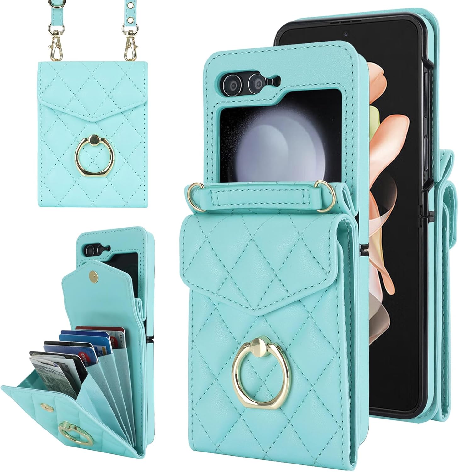 Wallet Phone Case for Samsung Galaxy Z Flip 6 5G Leather Purse Case with Card Holder & 360° Ring Kickstand & Strap Cover Magnetic Closure Flip PU Handbag Shockproof Shell(Mint Green)