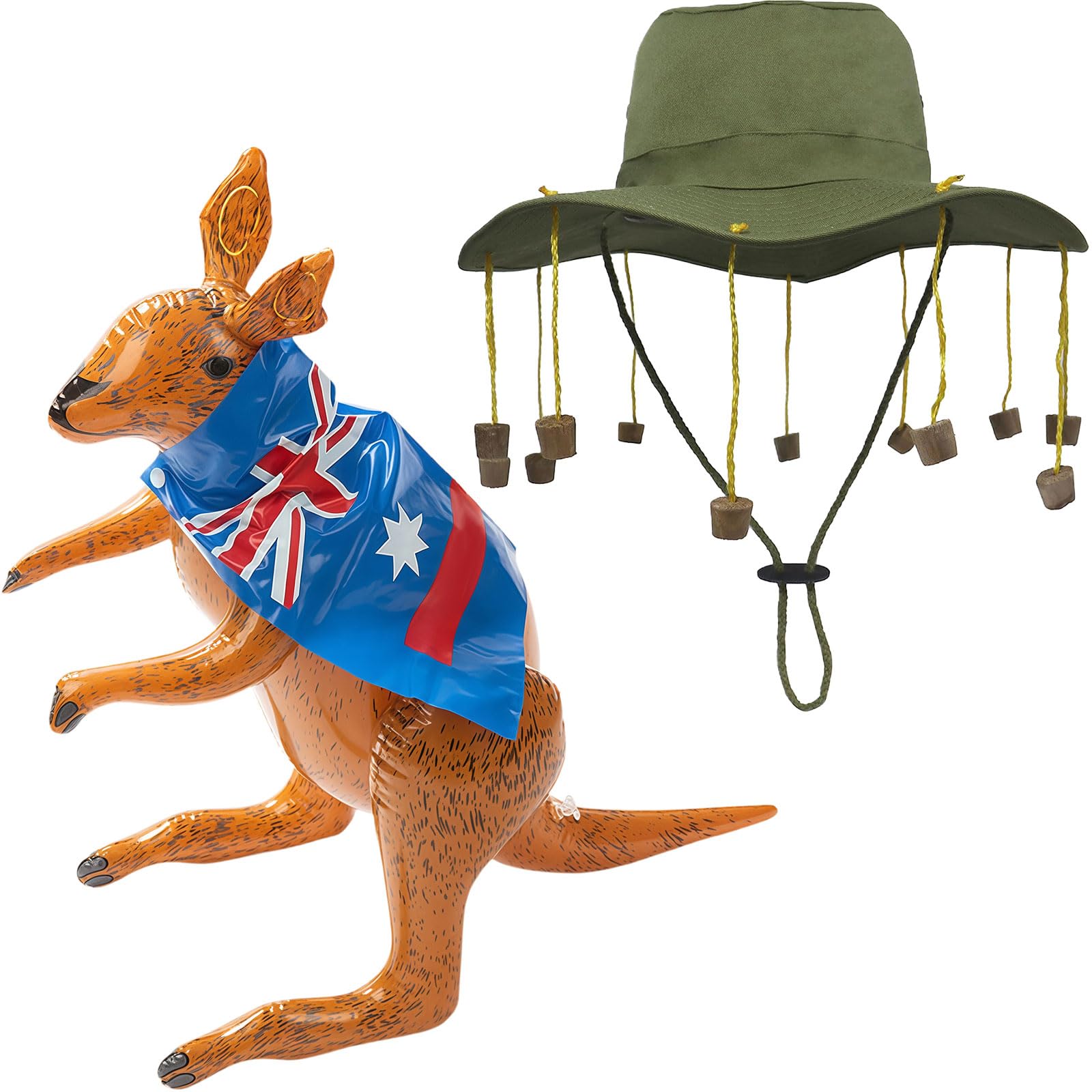 GWAWG Adult Australian Cork Hat & Inflatable Kangaroo Fancy Dress Kit,Australian Cork classic bush hat,classic Australian Iconic Cork Hat Safari Explorer, Aussie Themed Events