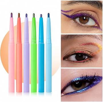 6-Piece Colourful Metallic Gel Eyeliner Pencils Set - Vibrant Shimmer Waterproof Smudge-Proof Long-Lasting for Festival Party Cosplay Stage Makeup Performance, Creative Bold Eye Designs