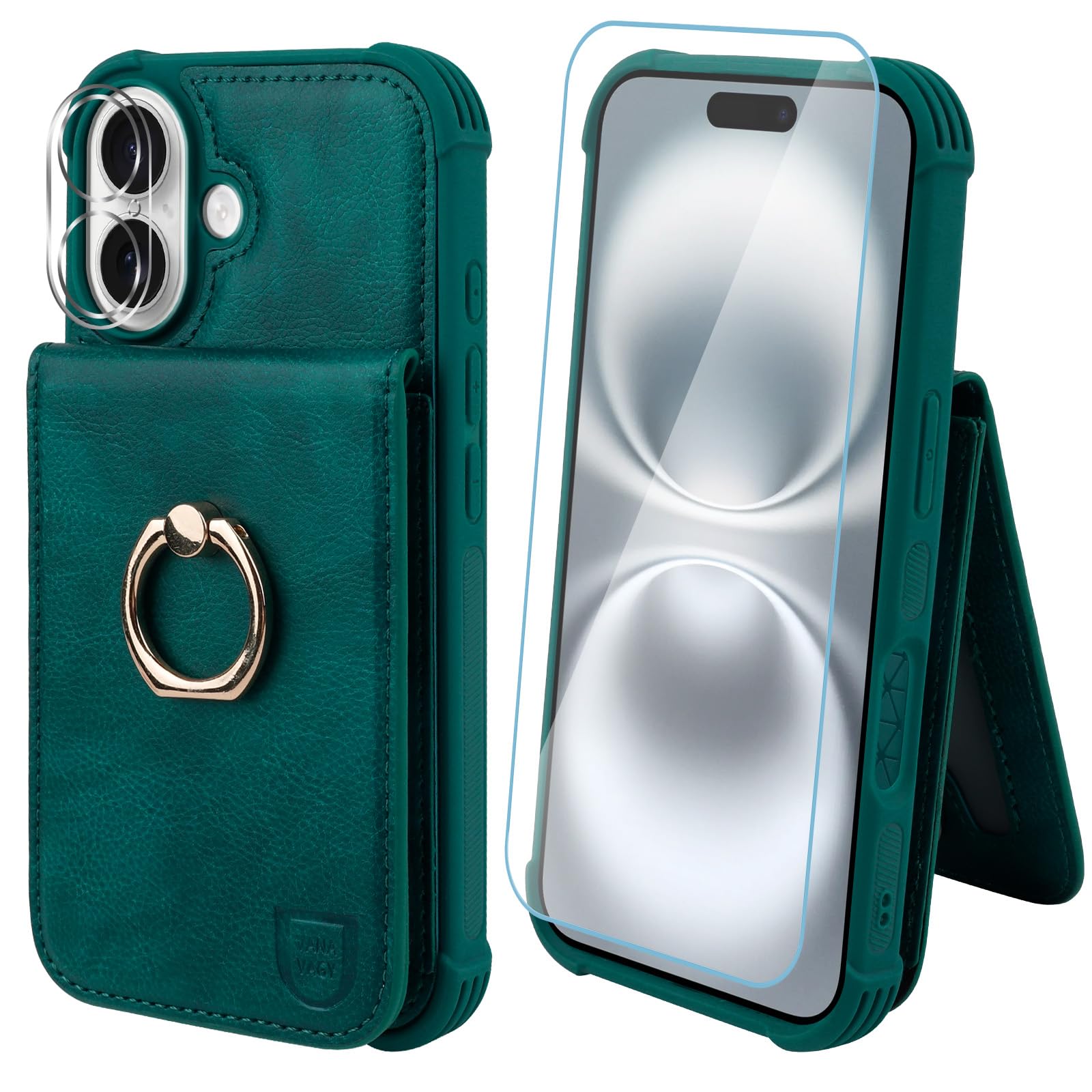 VANAVAGY Compatible for iPhone 16 Wallet Case with Credit Card Holder [360° Rotation Ring Kickstand], PU Leather Magnetic Clasp Flip Phone Cover for