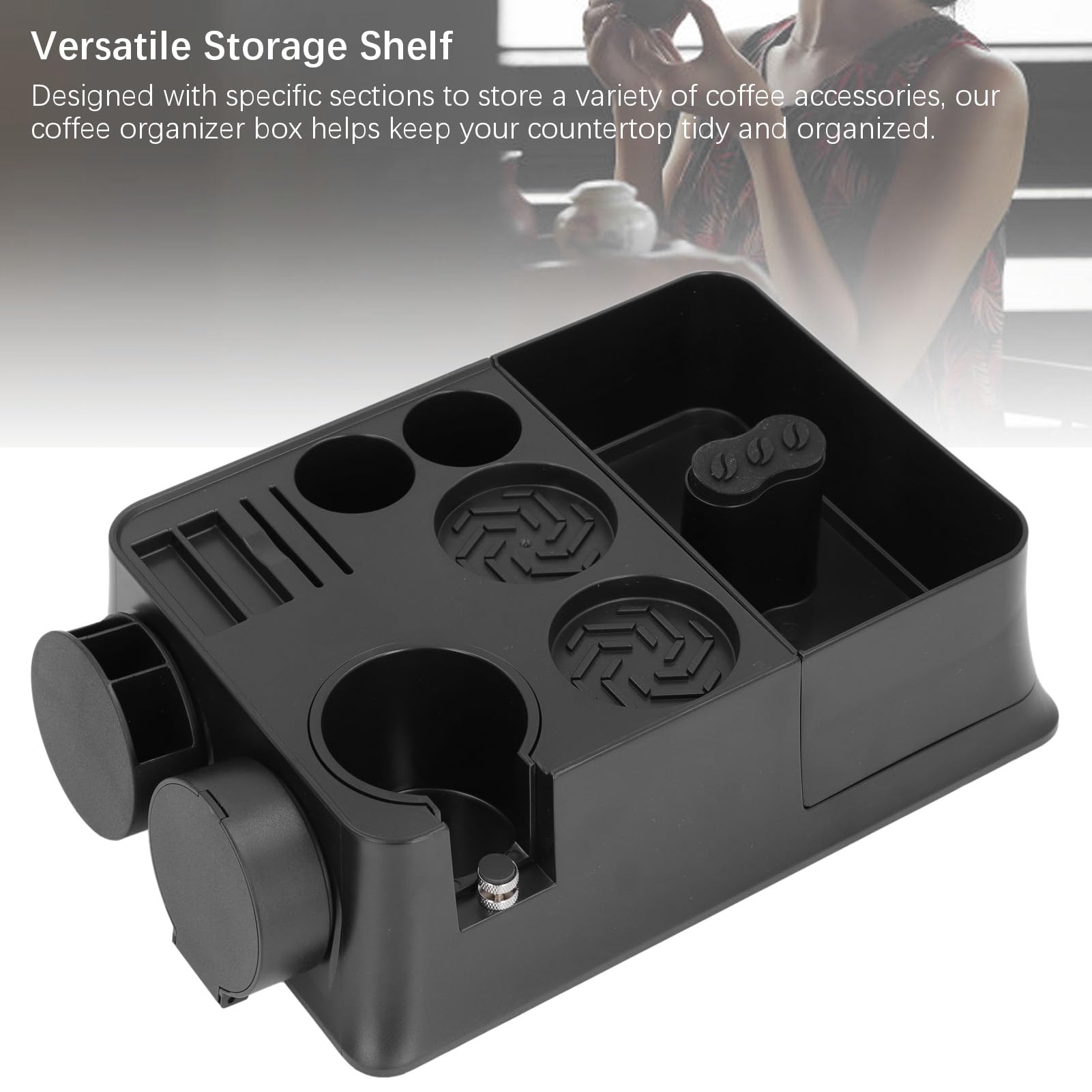 Kaffee-Organizer-Box mit Tamper-Halter, multifunktionale Tampierstation, 12-in-1-Aufbewahrungsbox für Kaffeezubehör mit Griffen für 51, 53 und 58 mm, kompakter ABS-Organizer für
