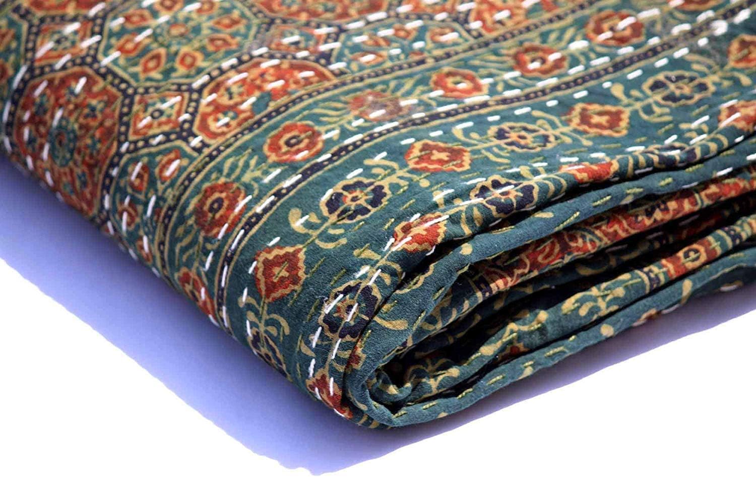 Green Queen Size Hand Block Print Kantha Quilt 90x108 Inch Ajrakh Kantha Bedspread Vegetable Dye Kantha Blanket Indigo Print Ajrakh Kantha Quilt