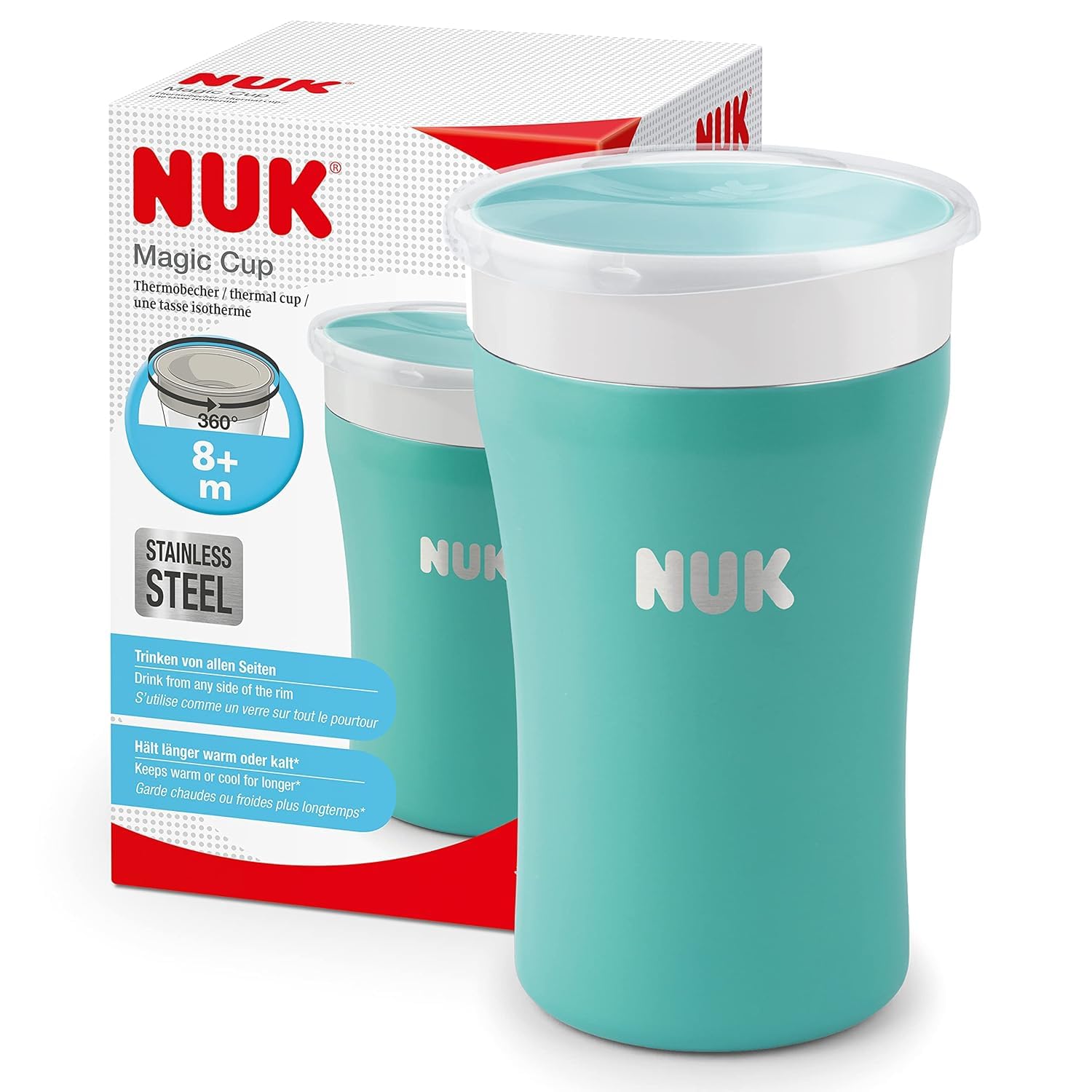 NUK Magic Cup Edelstahl Set – 2x Trinkbecher Türkis 230ml + 2 Ersatzdeckel & 2 Trinktüllen – Bruchsicher, isolierend, BPA-frei, Trinklernbecher für unterwegs